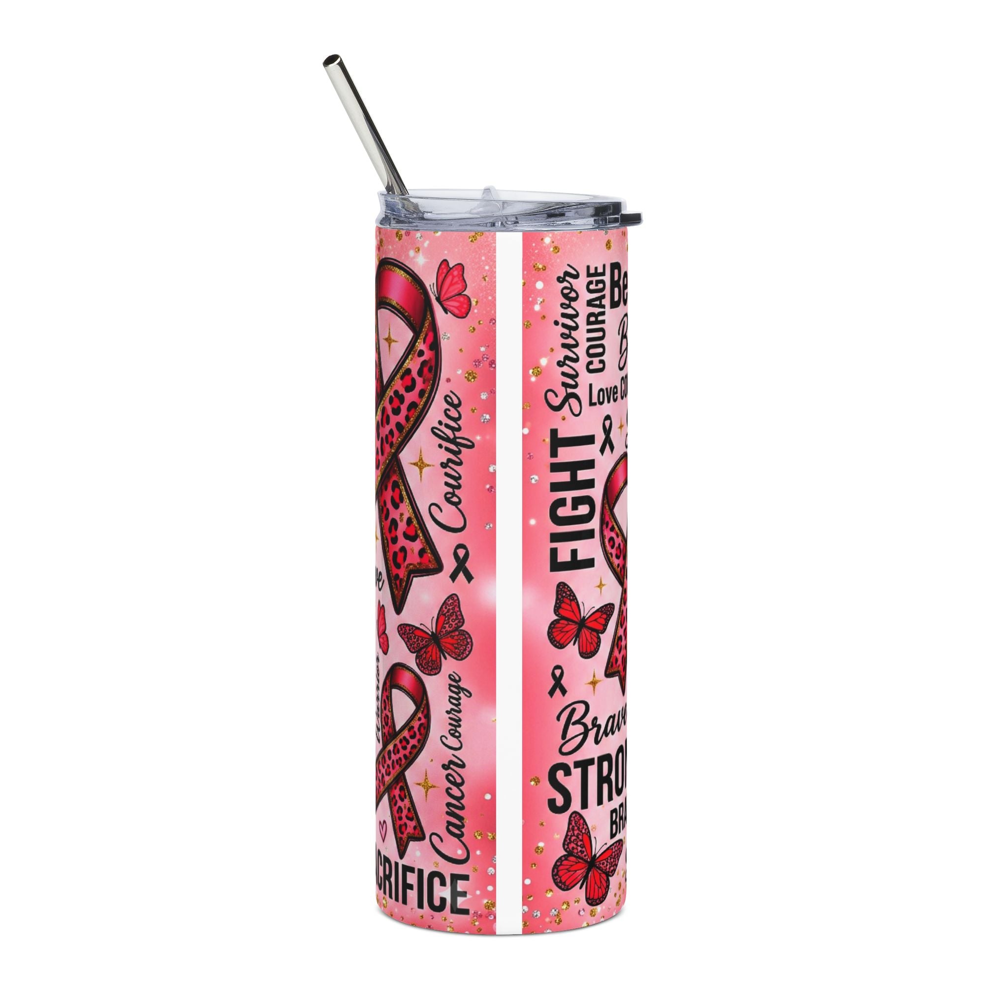 Breast Cancer Awareness 20oz Stainless Steel Tumbler — Believe Brave Survivor Ribbon Design