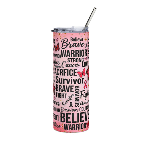 Breast Cancer Awareness 20oz Stainless Steel Tumbler — Believe Brave Survivor Ribbon Design
