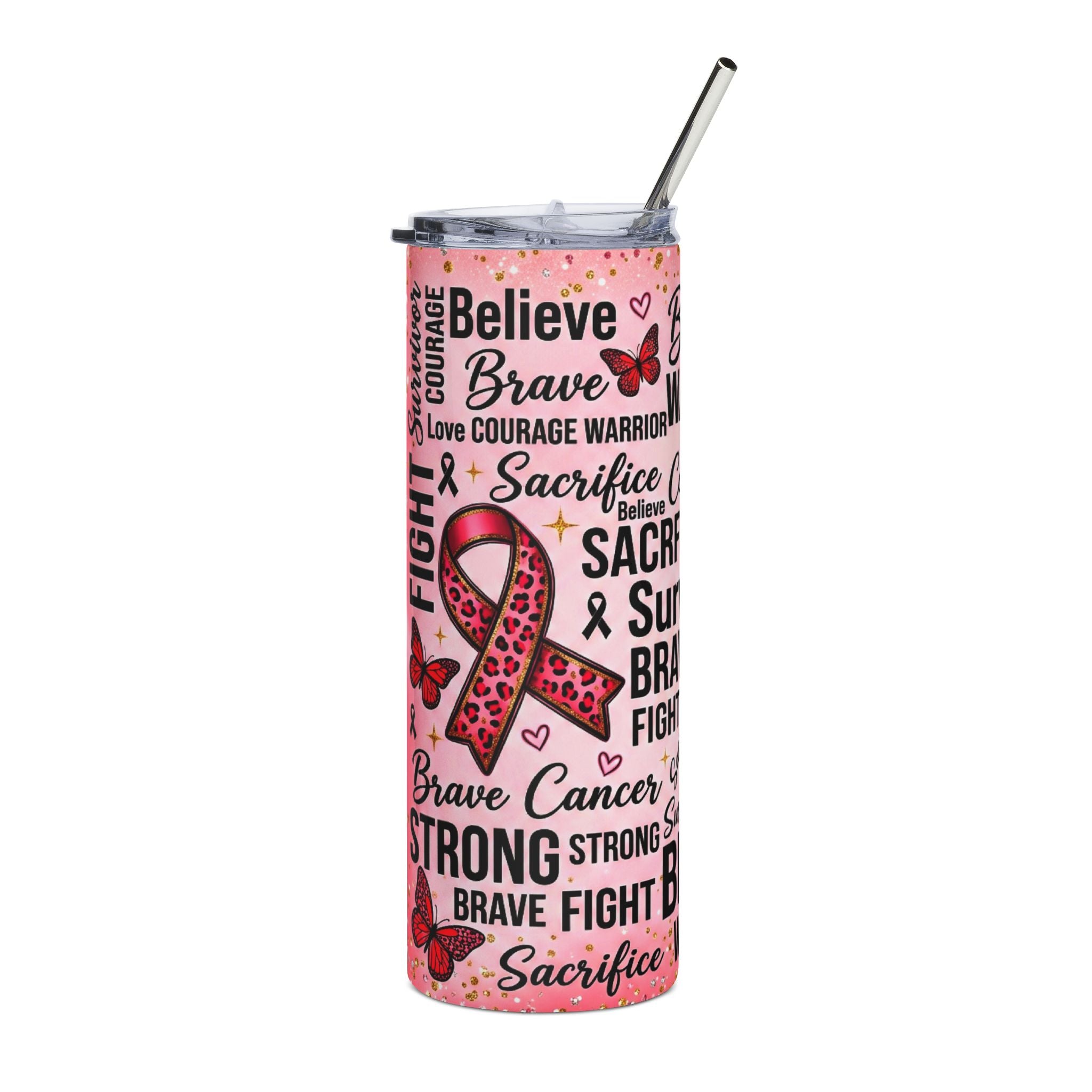 Breast Cancer Awareness 20oz Stainless Steel Tumbler — Believe Brave Survivor Ribbon Design