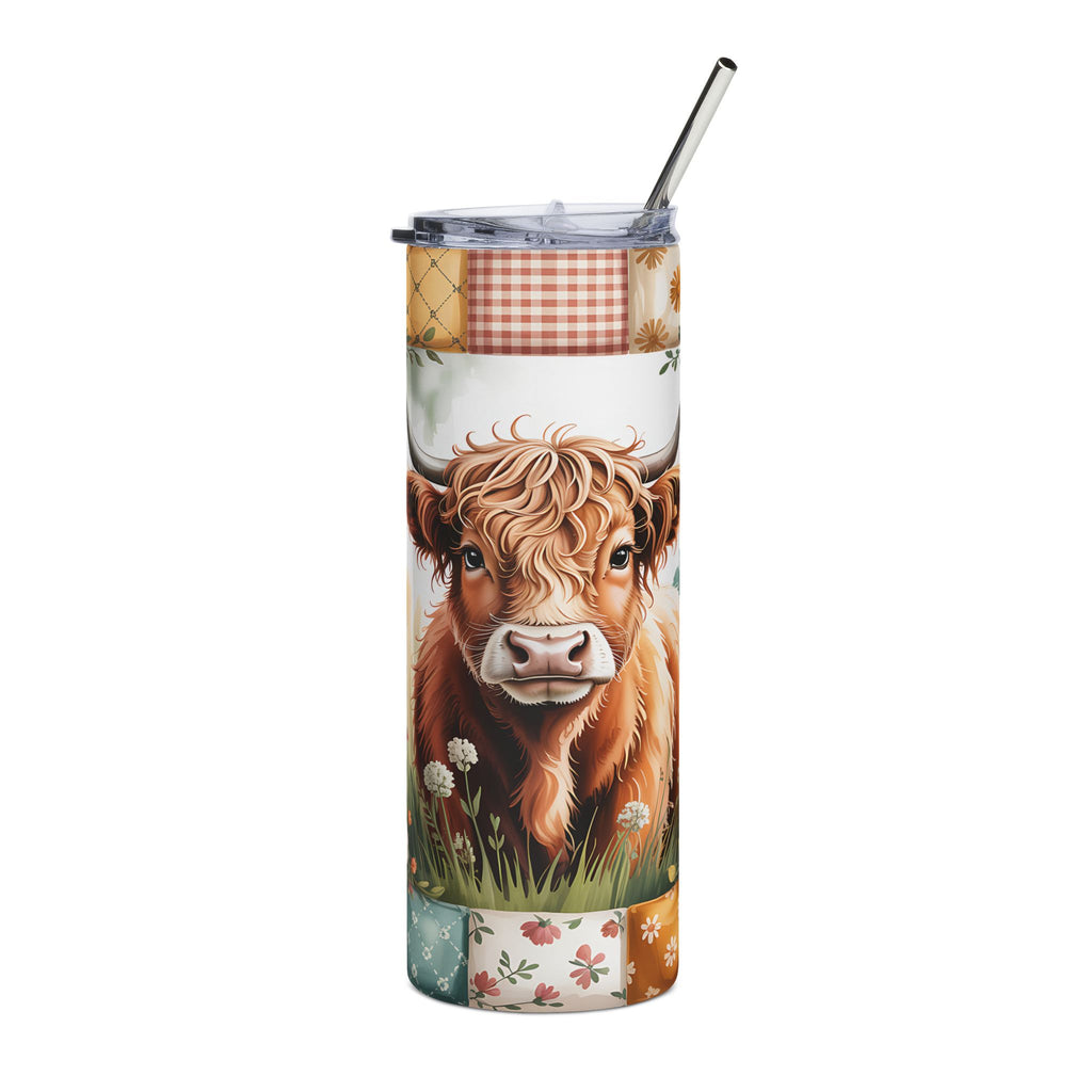 20oz Highland Cow Stainless Steel Tumbler – Floral Patchwork Farmhouse Drinkware