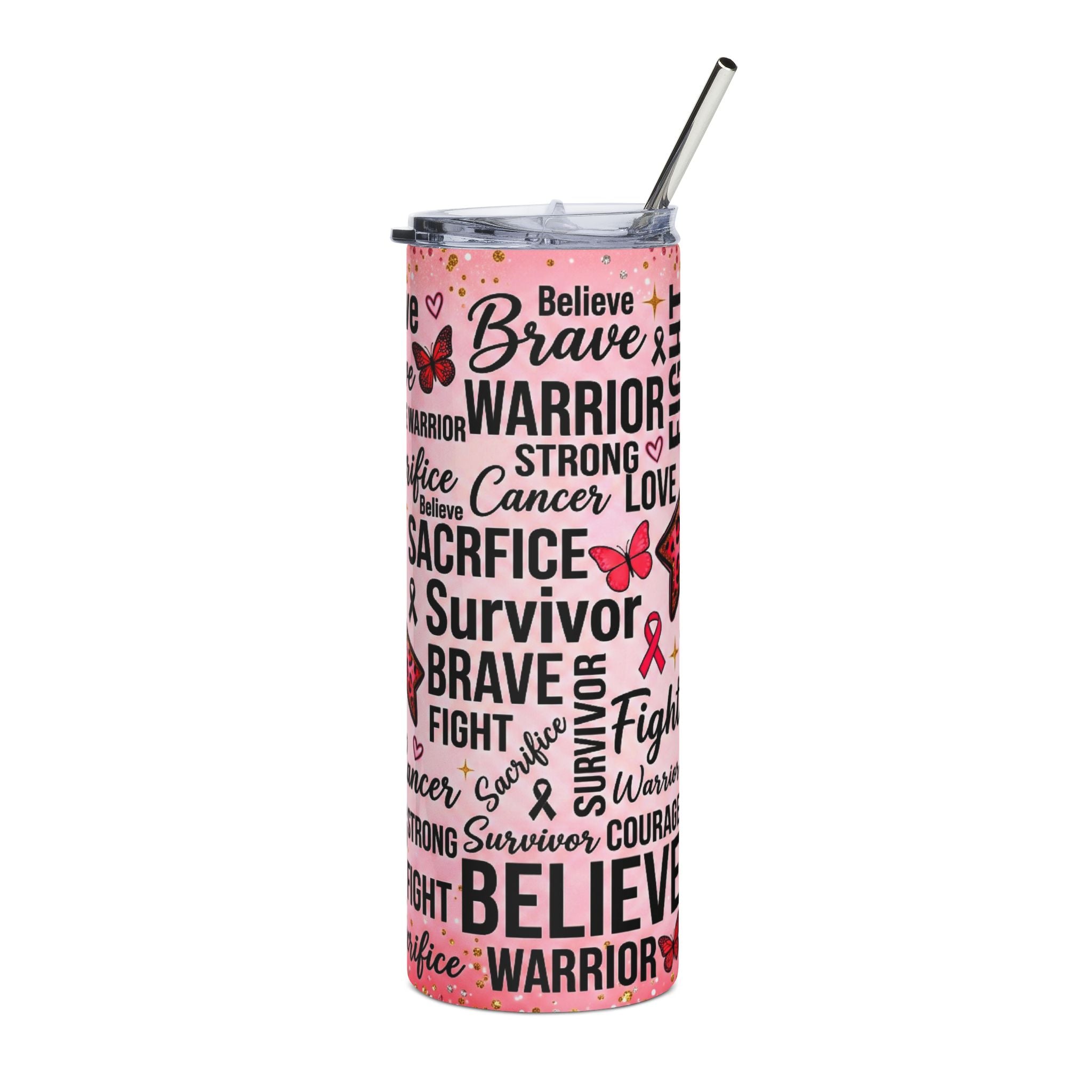 Breast Cancer Awareness 20oz Stainless Steel Tumbler — Believe Brave Survivor Ribbon Design