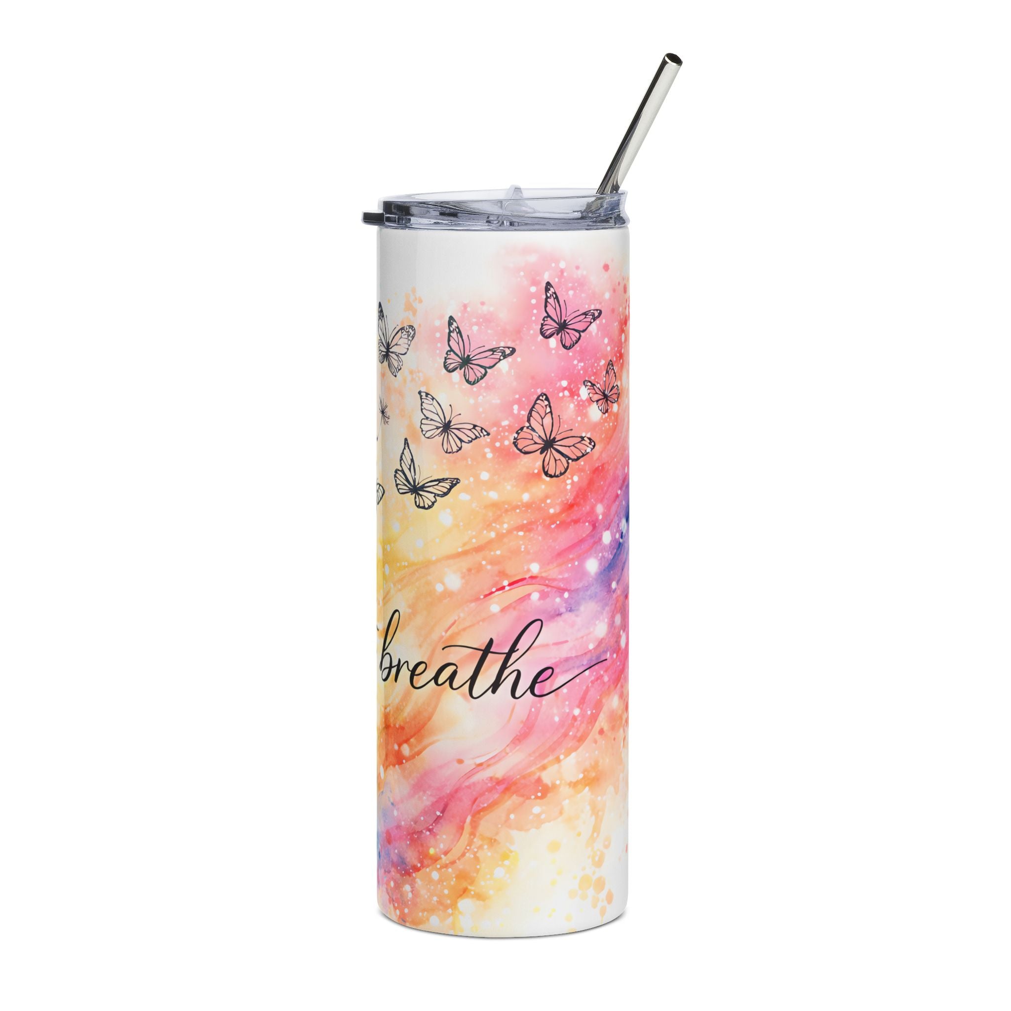 20oz Stainless Steel Tumbler — 'Just Breathe' Watercolor Butterfly & Dandelion Travel Cup