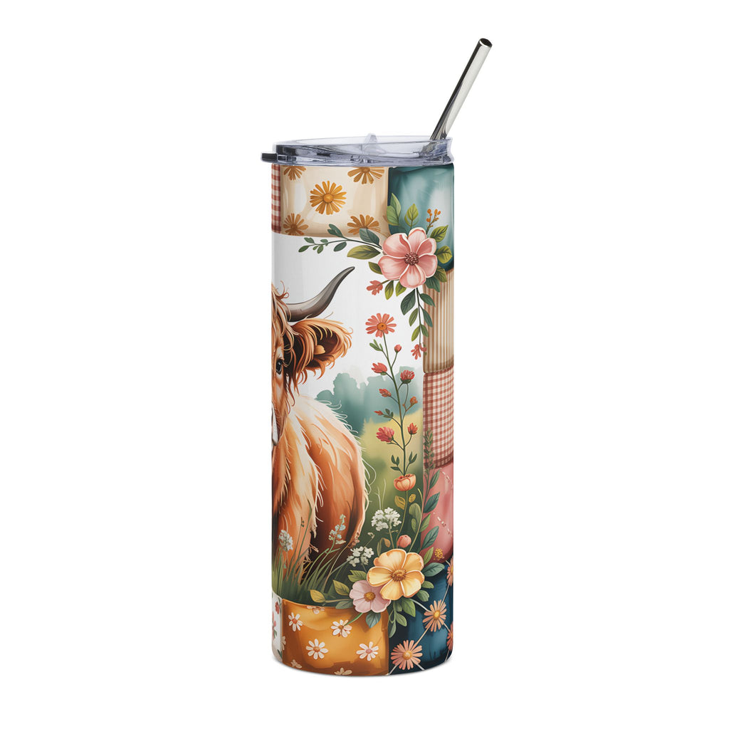 20oz Highland Cow Stainless Steel Tumbler – Floral Patchwork Farmhouse Drinkware