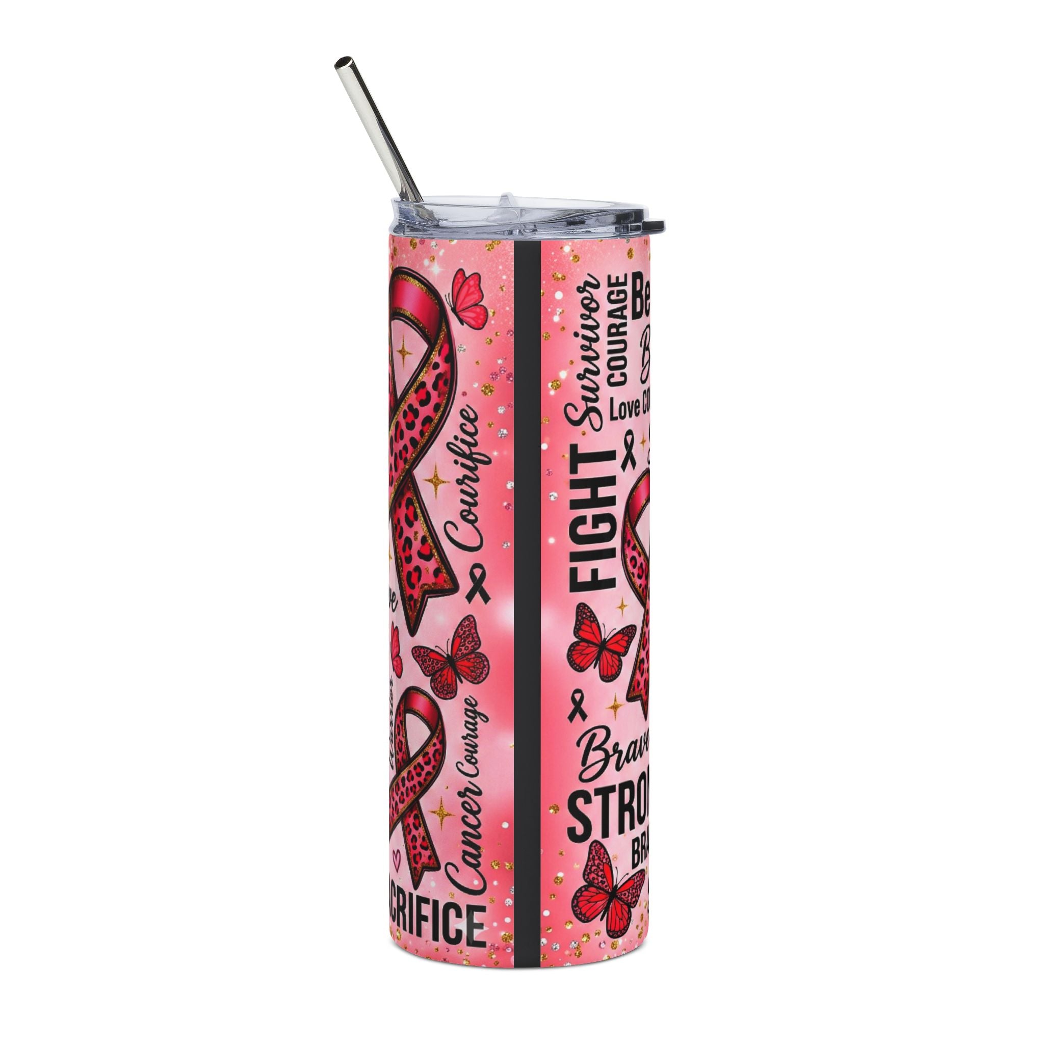 Breast Cancer Awareness 20oz Stainless Steel Tumbler — Believe Brave Survivor Ribbon Design