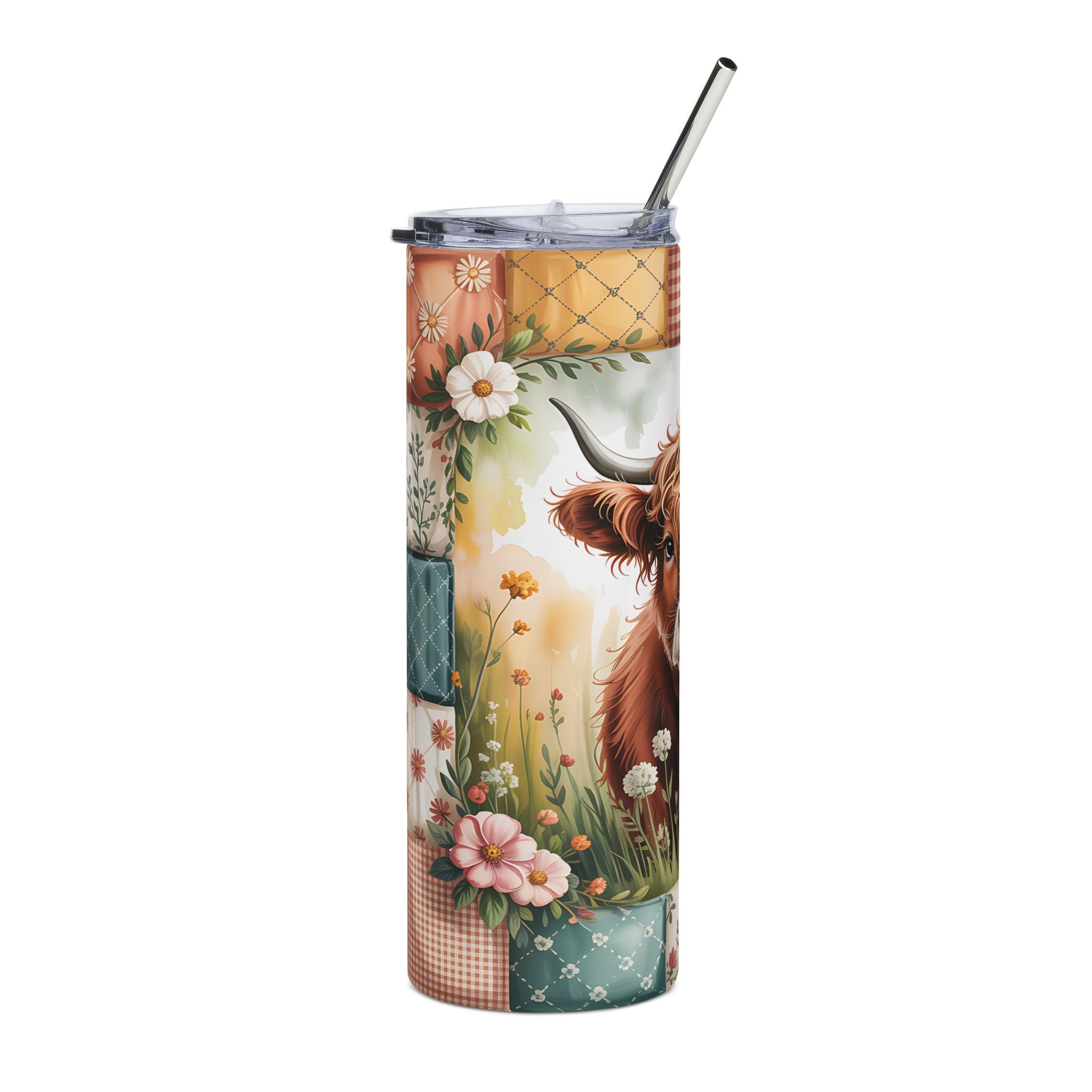 20oz Highland Cow Stainless Steel Tumbler – Floral Patchwork Farmhouse Drinkware