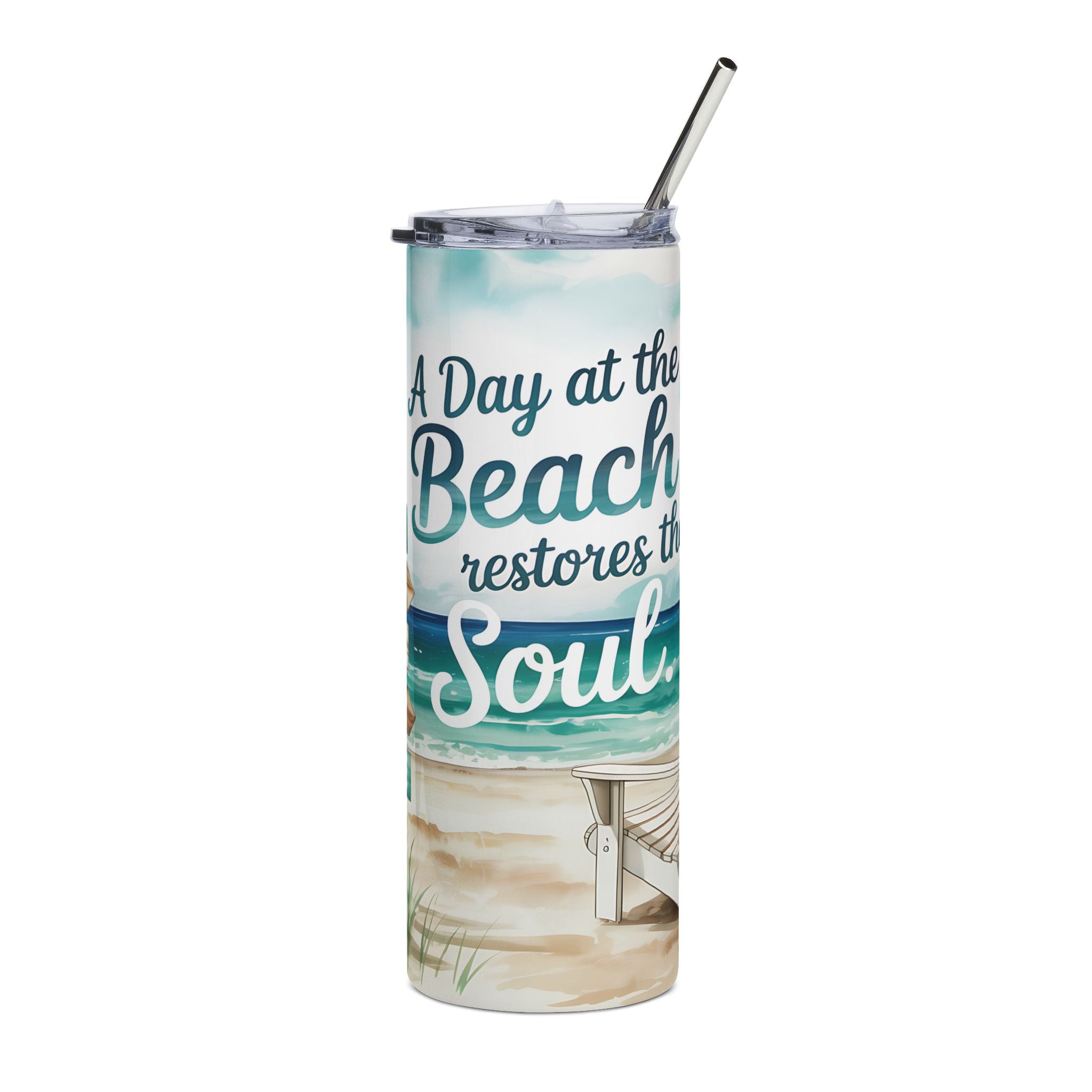 Beach Quote Stainless Steel Tumbler – “A Day at the Beach Restores the Soul” 20oz