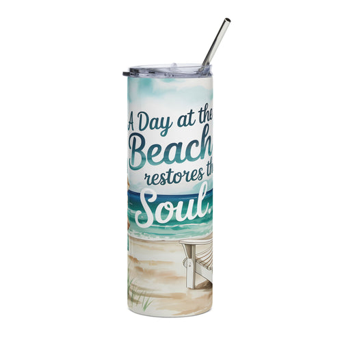 Beach Quote Stainless Steel Tumbler – “A Day at the Beach Restores the Soul” 20oz