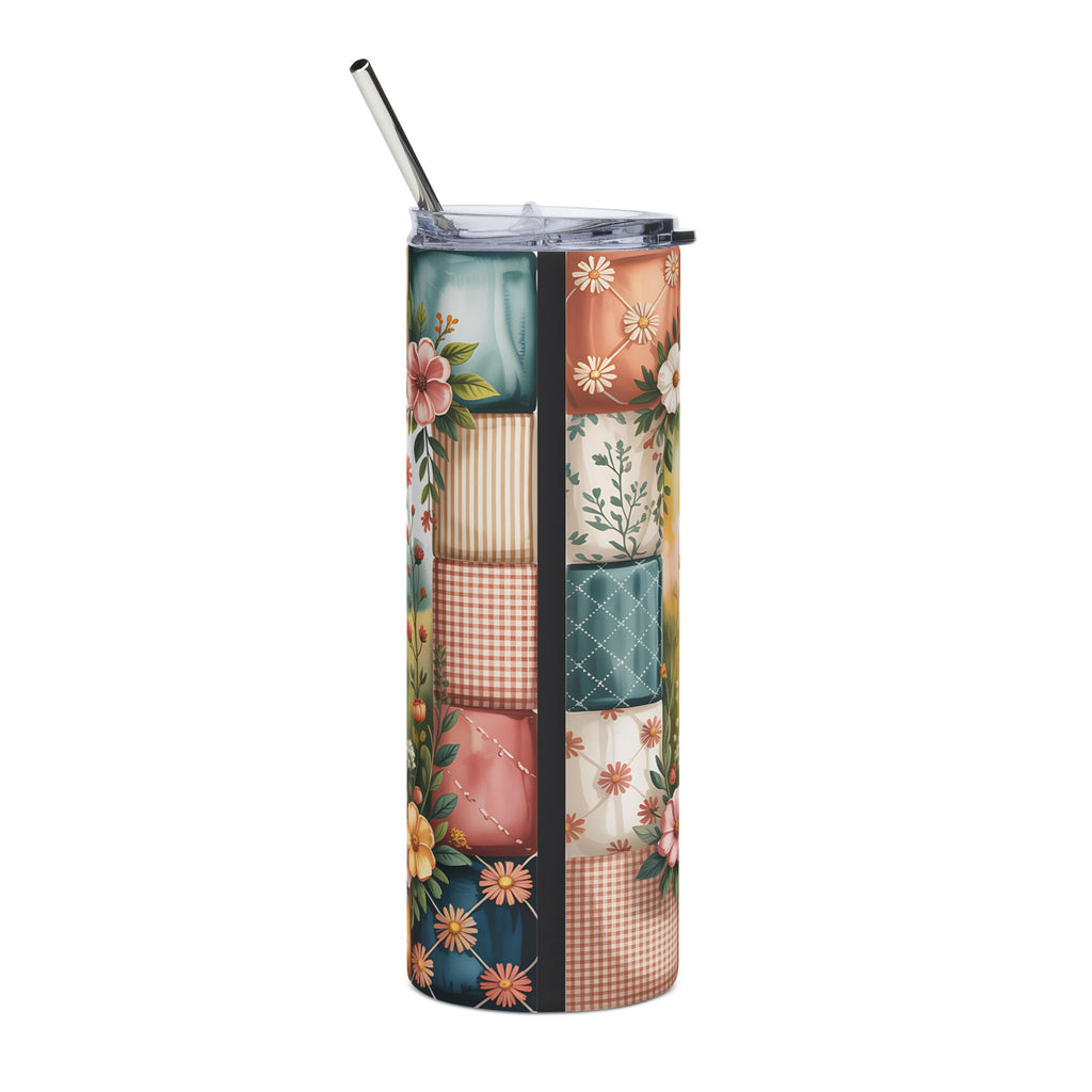 20oz Highland Cow Stainless Steel Tumbler – Floral Patchwork Farmhouse Drinkware
