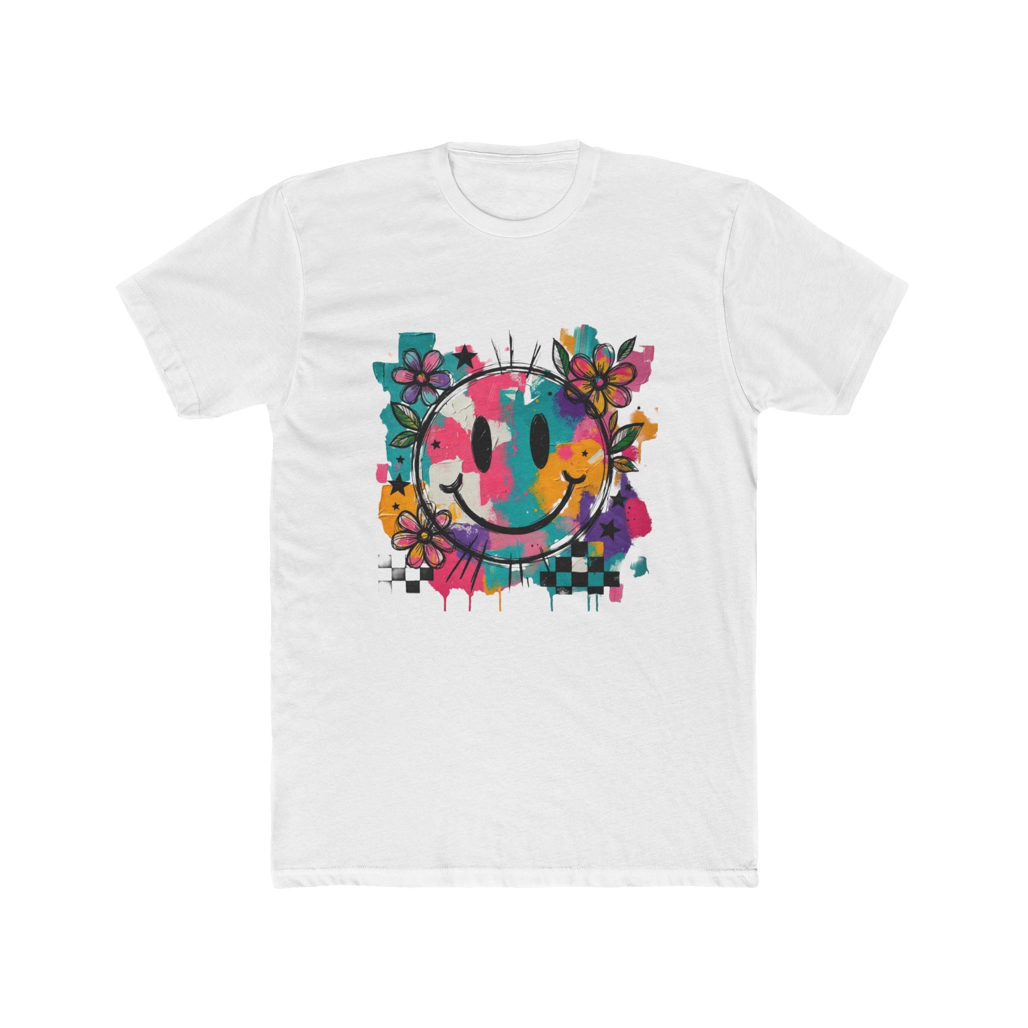Colorful Smiley Flower Tee — Retro Graffiti Happy Face T-Shirt