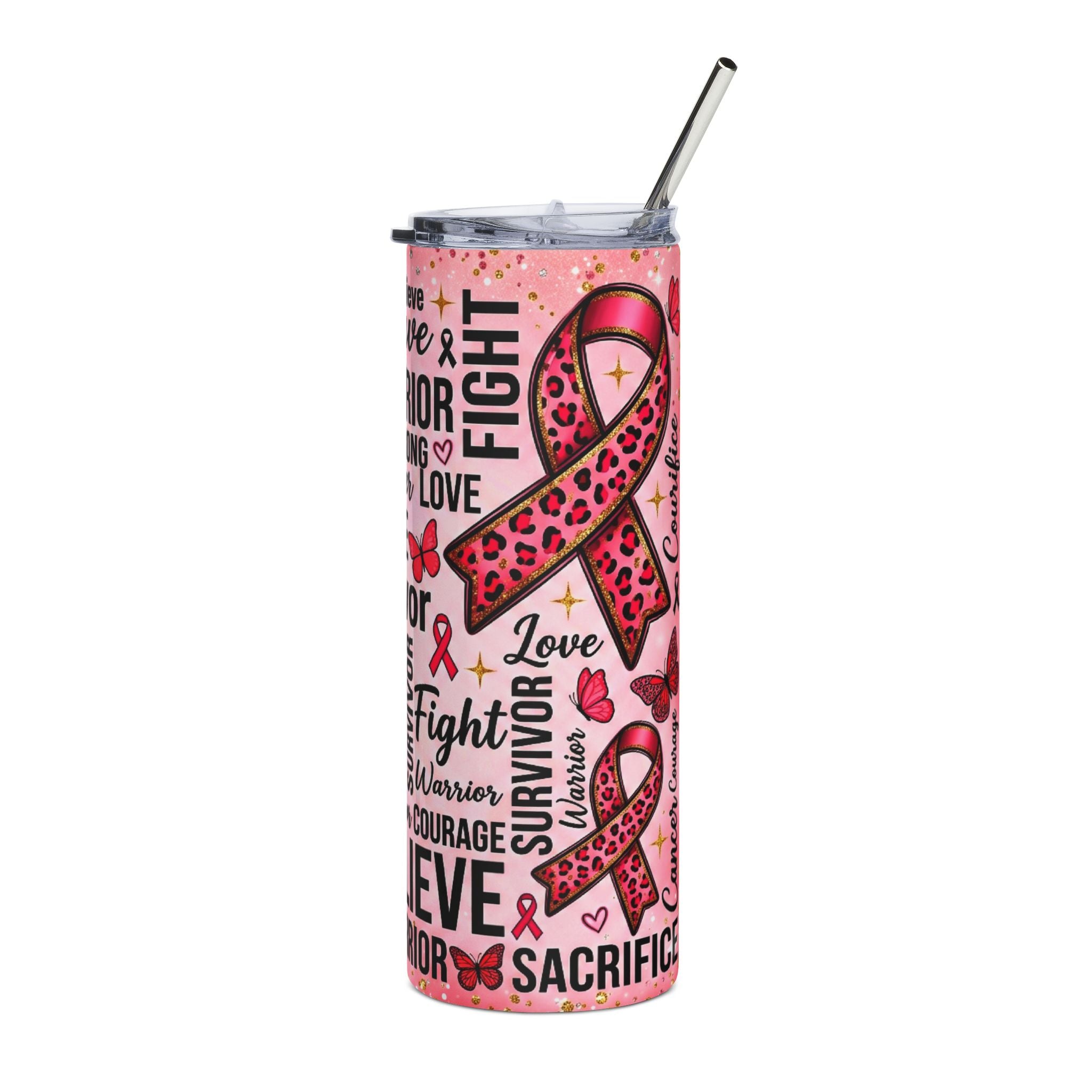 Breast Cancer Awareness 20oz Stainless Steel Tumbler — Believe Brave Survivor Ribbon Design